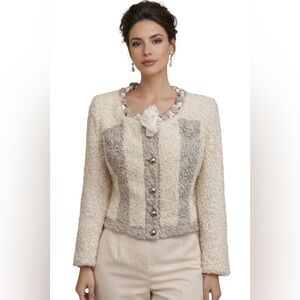 Alberto Makali Cream Textured Jacket Button Front Embellished Cropped Blazer L